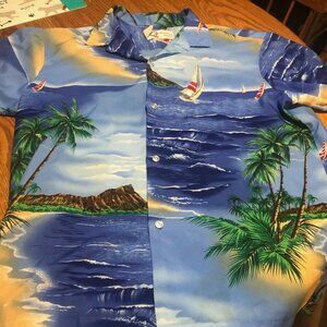 Shoreline Hawaii XL Hawaiian Shirt Blue w/ Palm Trees Sailboats